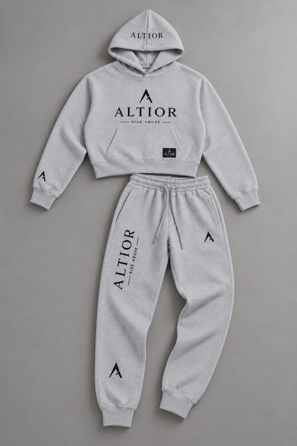 Women's tracksuit set — Grey with black detailing, coordinated hoodie and track pants flatlay