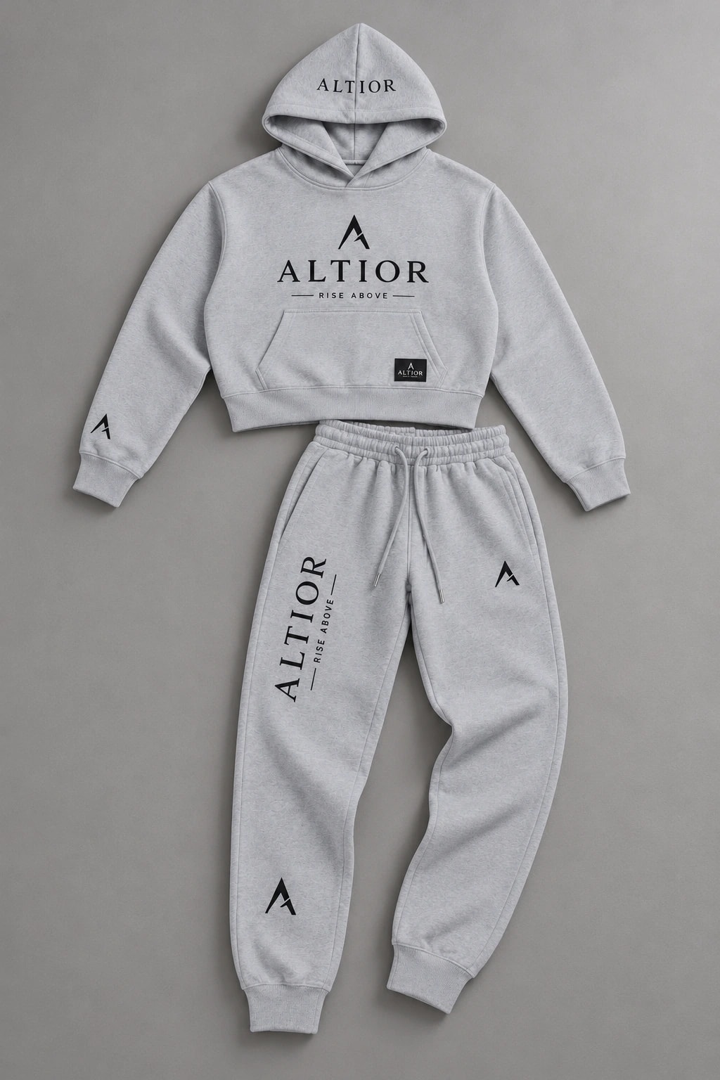 Women's tracksuit set, Grey with black detailing, coordinated outfit flatlay