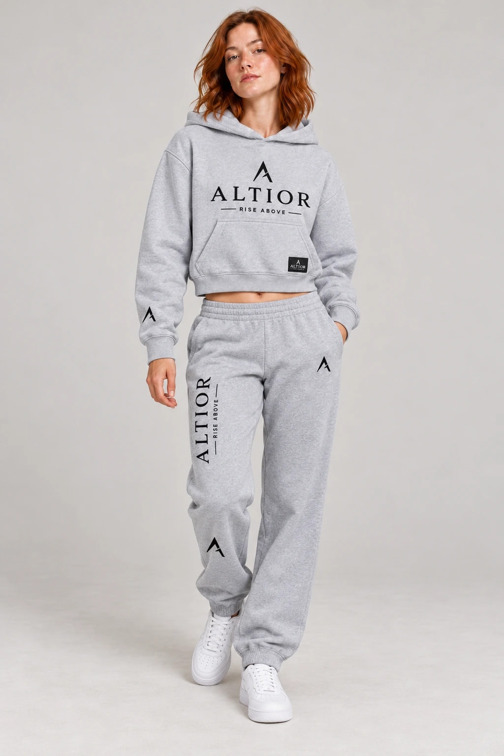 Women's tracksuit set — Grey with black detailing, complete outfit on female model